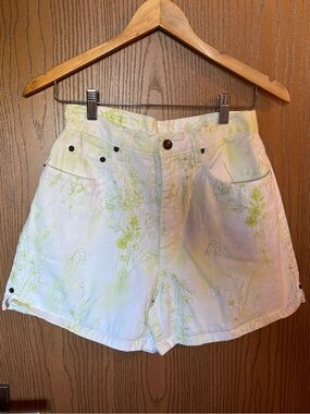 bill blass White High-Waist Shorts with Bright Light Green Floral Print